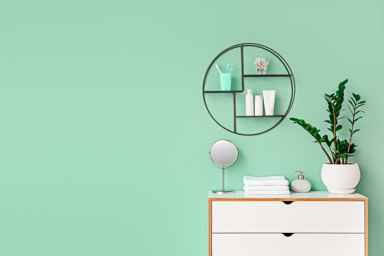 Interior of bathroom with modern shelf